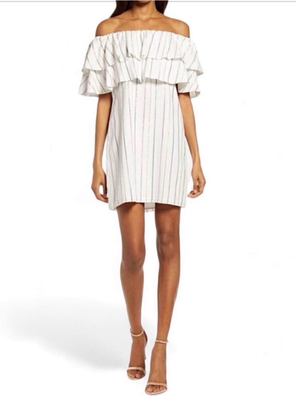 Charles Henry Ivory Striped Off Shoulder Ruffle Dress Metallic Gold. Size Medium